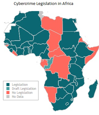 Map of Africa, showing countries with cybercrime legislation