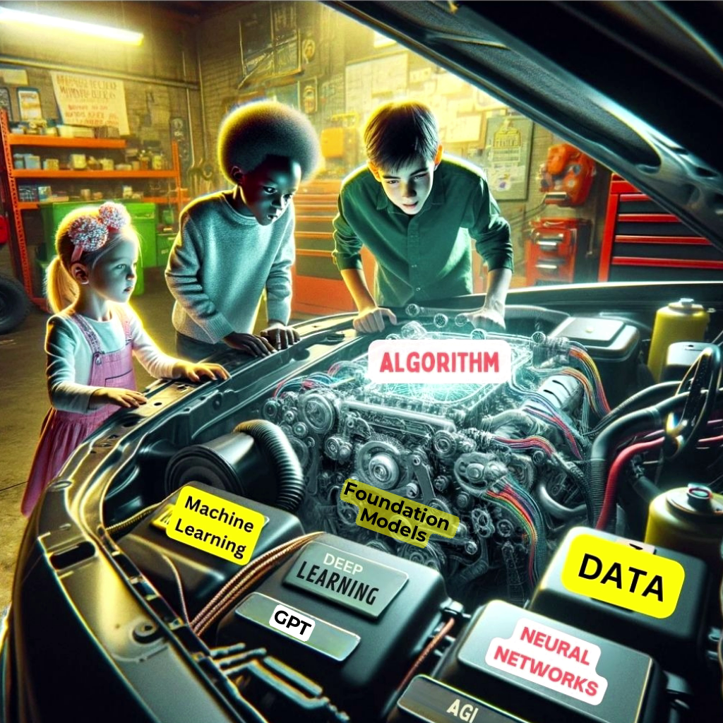 The images hows an AI generated image of three children looking under the bonnet of a car, with parts of the engine labelled 'Agorithm, machine learning, foundation models, deep learning, GPT, data, AGI, and neural networks'.